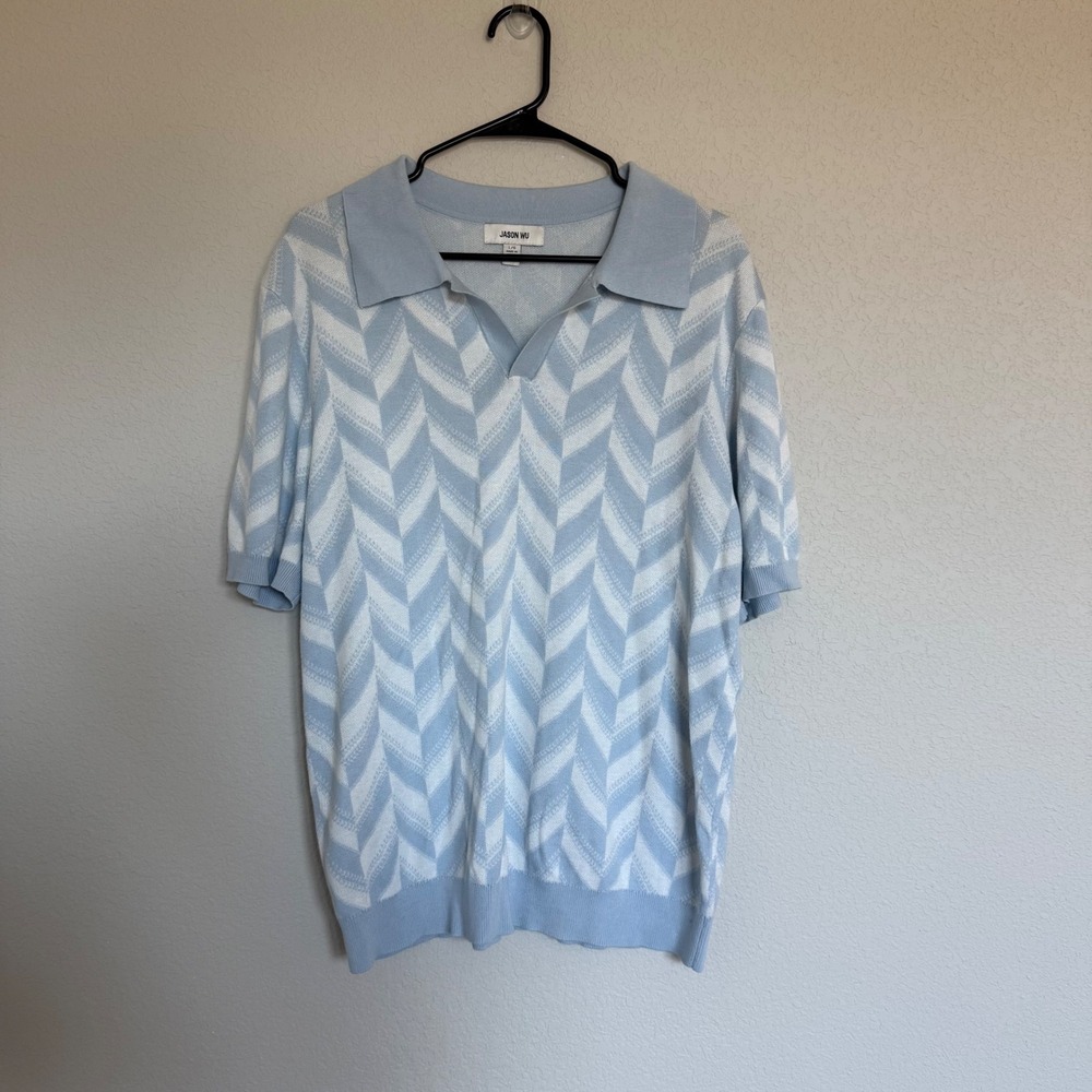 Jason Wu Mens Silk Cotton Chevron Knit Polo Shirt Blue Zigzag Large Prep Formal
